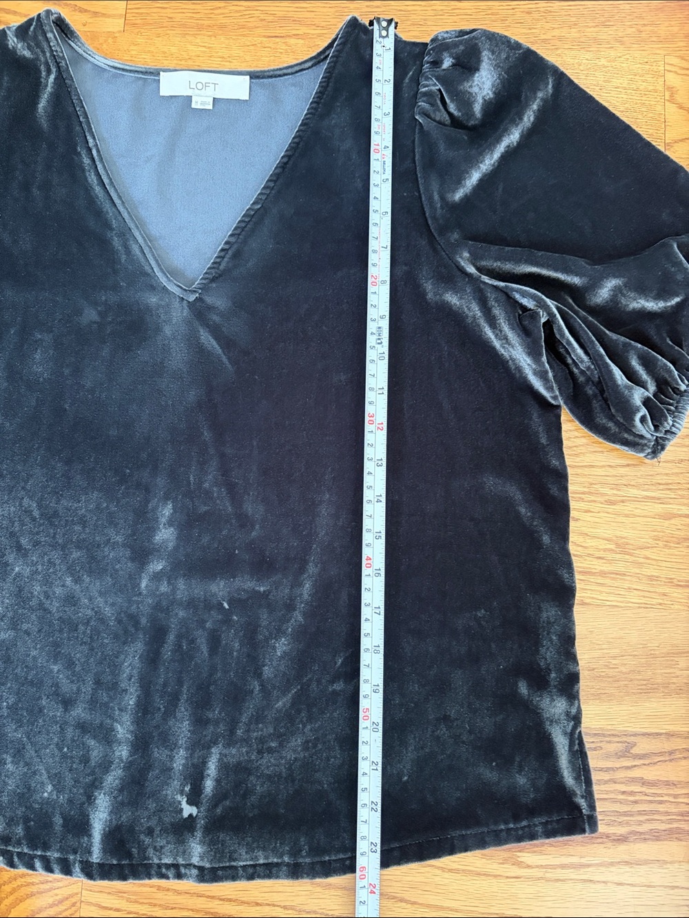 LOFT Velvet Blouse V-Neck Puff Sleeve Beautiful Elegant Charcoal. Medium - Picture 9 of 10